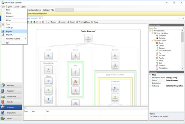 Figure 1: Import/Export menu from Neuron ESB Explorer