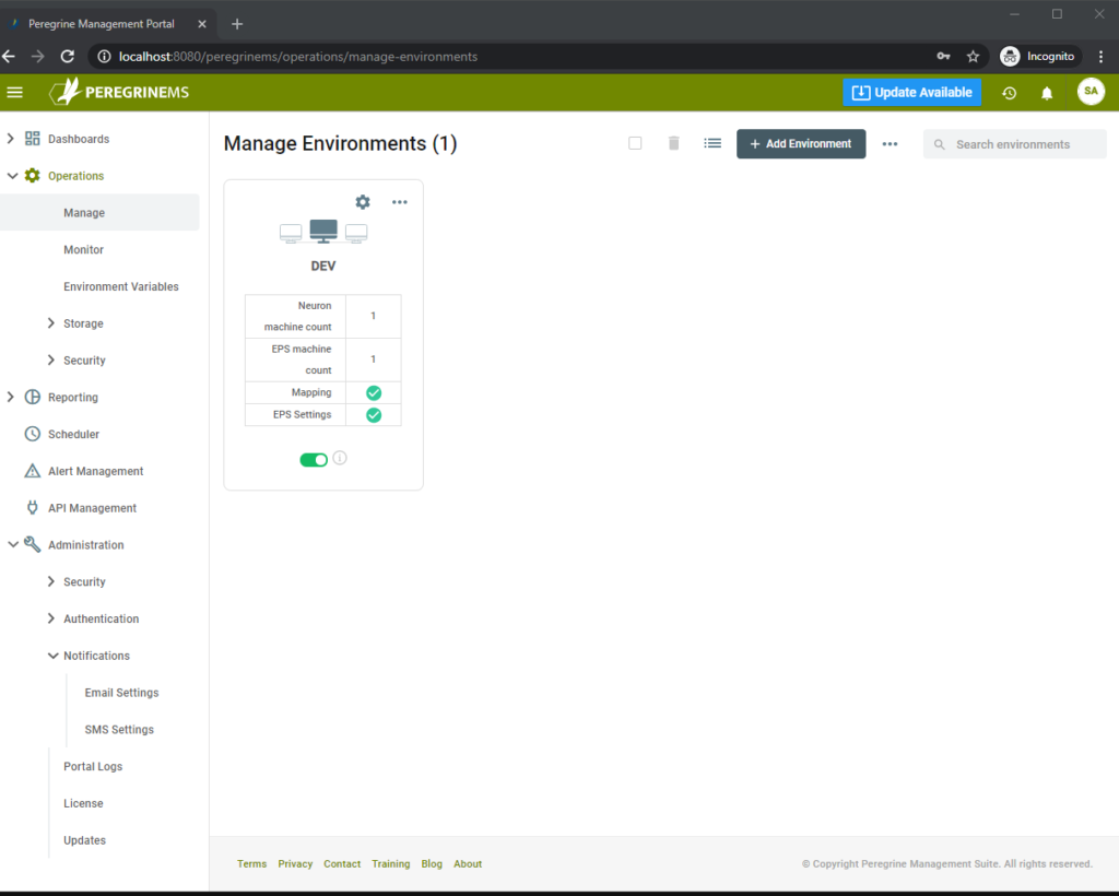 Environment Setup and Management - Peregrine Connect