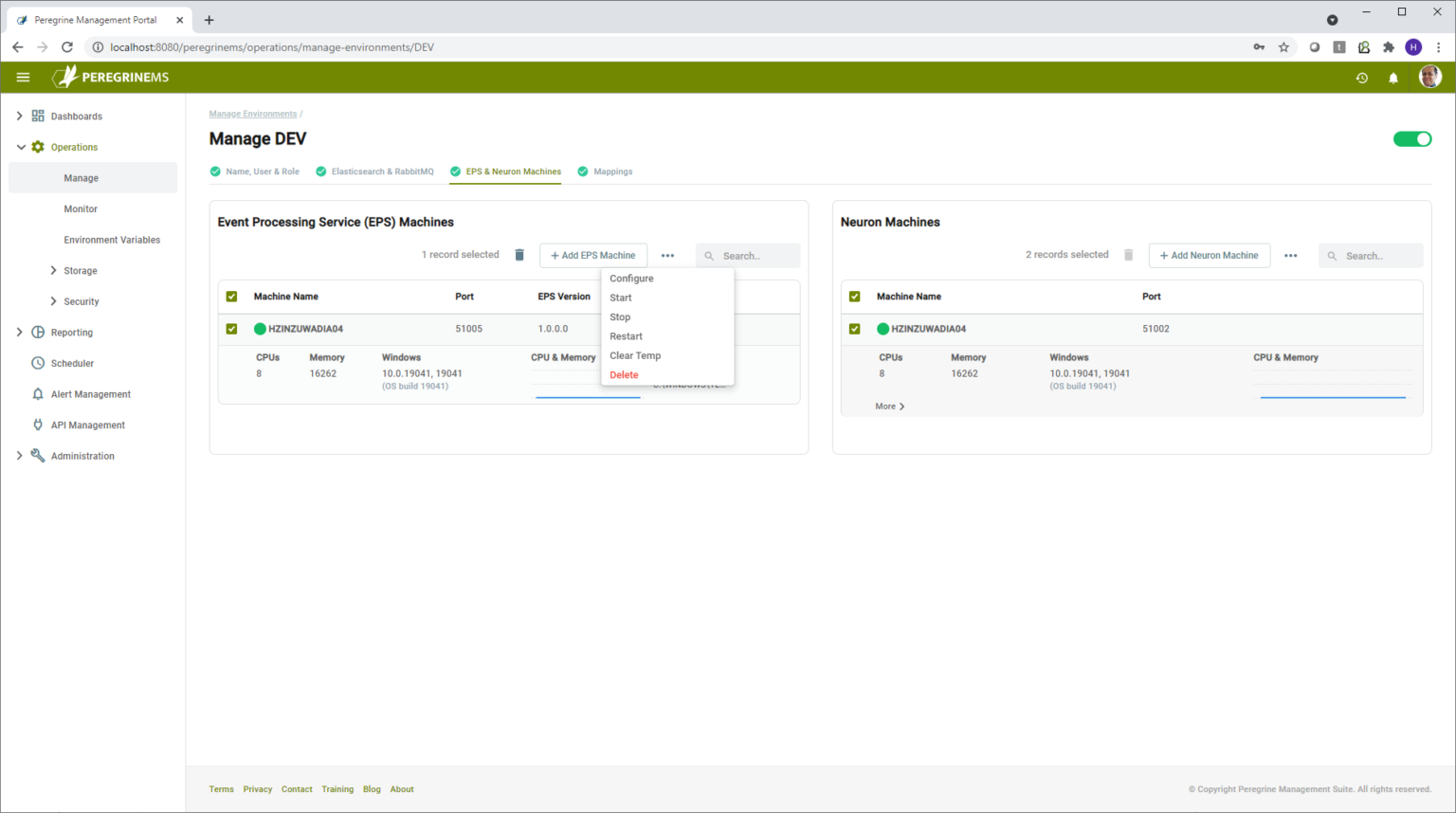 Environment Setup and Management - Peregrine Connect
